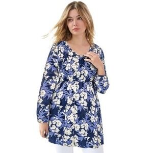 Ellos Floral Blue‎ Smocked Tunic Midi Mini Dress Large Boho Cottage Dainty Norm